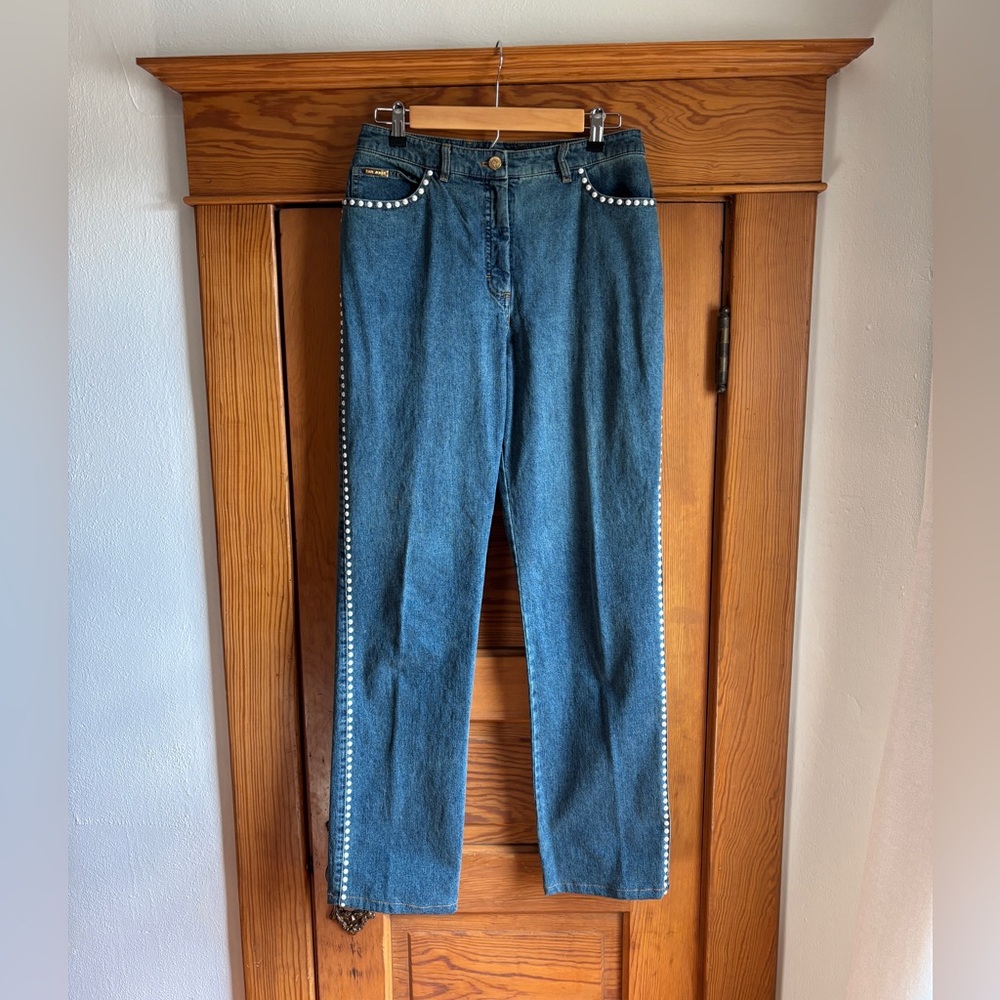 St. John Sport Pearl Studded Straight Leg Jeans Size 8